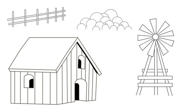 Cartoon style animation of a fence, a windmill, and a house, black and white art, drawing, 2D.