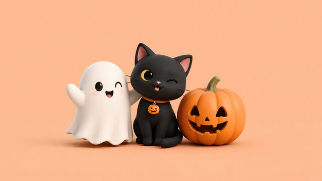 A cute black cat sits beside a friendly ghost and carved pumpkin on a beige background.