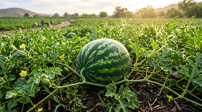 Fresh organic watermelon growing on lush green vines in a sunlit agricultural field during harvest season