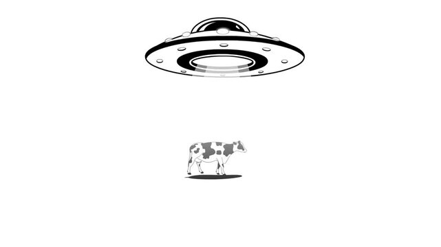Cartoon style animation of a flying saucer abducting a cow, black and white art, background, drawing, 2D.