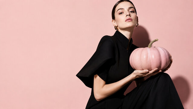 A fashionable woman in a black jumpsuit holds a pastel pink pumpkin against a soft pink background.