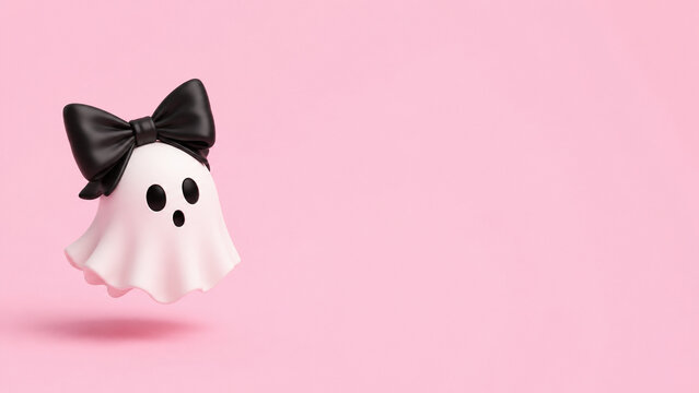 A cute white ghost wearing a large black bow floats against a pastel pink background.