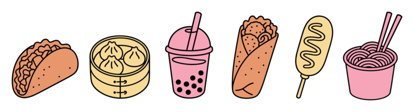 Street food vector icons set featuring taco, dim sum, bubble tea, burrito, corn dog, and noodles in a cute minimalist line art style