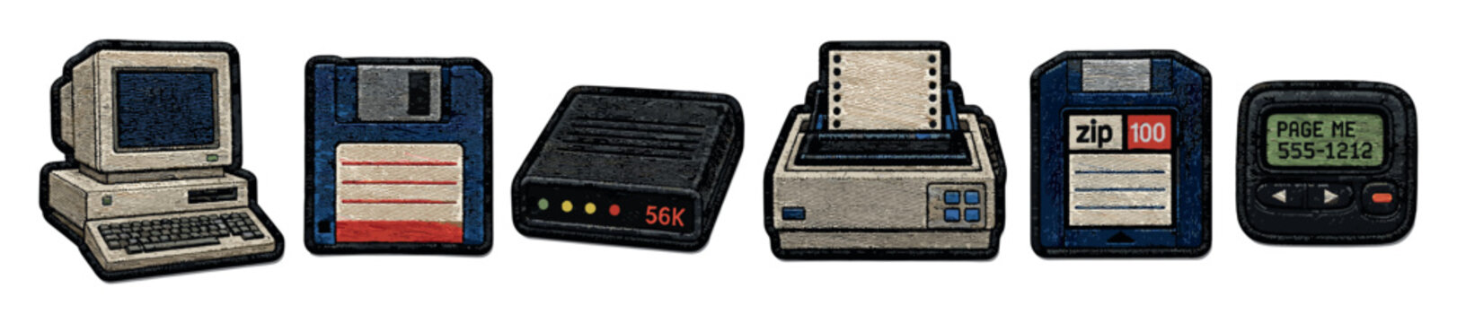 Retro computer technology embroidered patches featuring vintage hardware like floppy disk, dial-up modem, dot matrix printer, zip disk, and pager