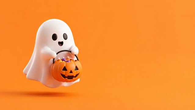A cute ghost carries a pumpkin candy bucket against a bright orange background.