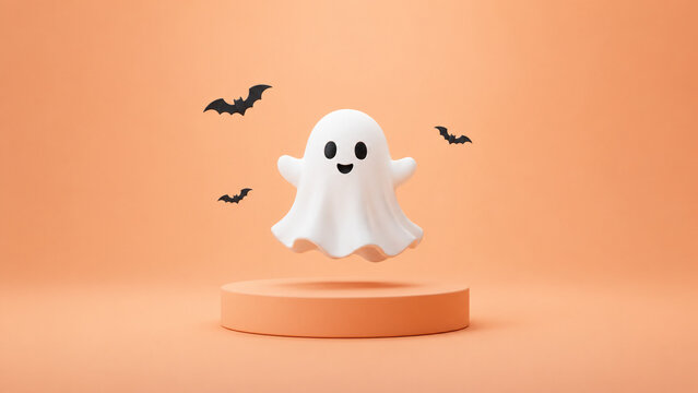 A cute ghost floats above an orange podium with small bats around it.