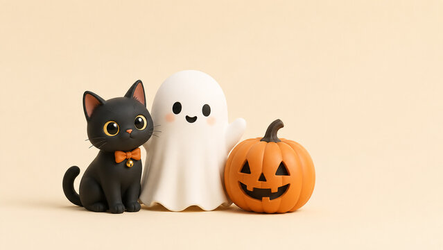 A cute black cat sits beside a friendly ghost and carved pumpkin on a beige background.