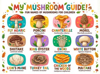 Fototapeta premium Educational mushroom guide with colorful illustrations and names for children. Botanical chart showing variety of forest fungi species. Nature school poster for biology study and knowledge.