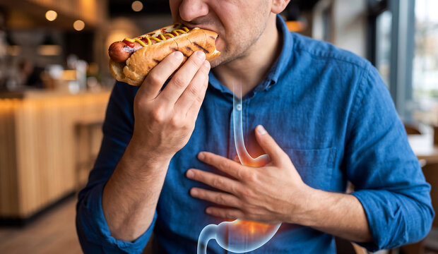 Man Eating Hot Dog While Experiencing Acid Reflux and Heartburn With Digestive Anatomy Overlay on a Blurred Restaurant Background
