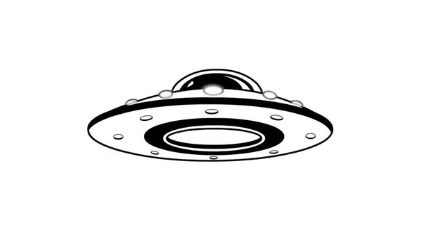 Cartoon style animation of a flying saucer, black and white art, drawing, 2D.