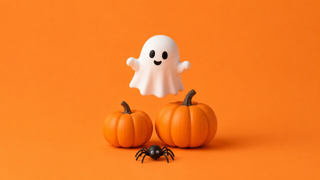 A cute ghost floats above orange pumpkins with a small black spider below.
