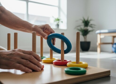 Senior woman doing hand exercise with ring toss toy. Patient working on fine motor skill in physical therapy clinic. Rehabilitation therapy for hand coordination and recovery process.