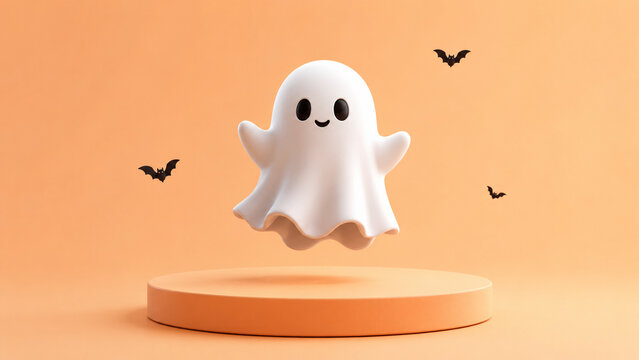 A cute ghost floats above an orange podium with small bats around it.