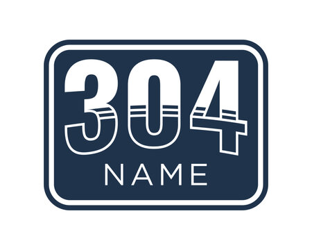 A dark blue rectangular sign with rounded corners featuring a large white stylized number 304 and the word NAME below it, suitable for a house or room.