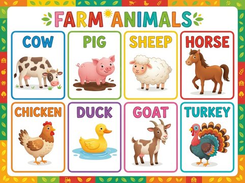Educational poster with farm animal collection for kid. Cartoon cow, pig, sheep, horse, chicken, duck, goat, and turkey. Classroom material for learning nature and wildlife vocabulary.