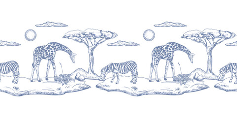 African zebras and giraffes roaming the savanna. Seamless border. Hand drawn vector illustration of wild animals in a vintage style. For greeting cards, nursery wallpaper, posters and banners. © Farida
