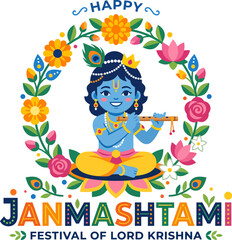 Naklejka premium Happy janmashtami lord krishna illustration with floral wreath for festive celebrations
