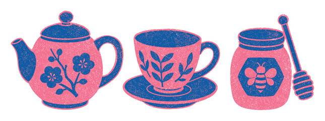 Obraz premium Teapot, teacup, and honey jar illustration set in a textured retro linocut style featuring floral patterns and a bee emblem