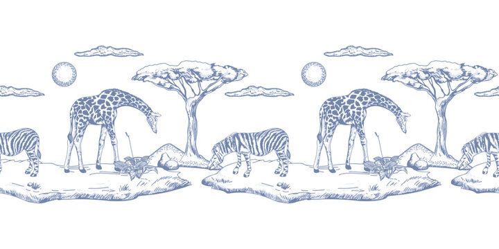 African zebras and giraffes roaming the savanna. Seamless border. Hand drawn vector illustration of wild animals in a vintage style. For greeting cards, nursery wallpaper, posters and banners.