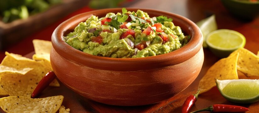Fresh avocado dip with tortilla chips and lime slices