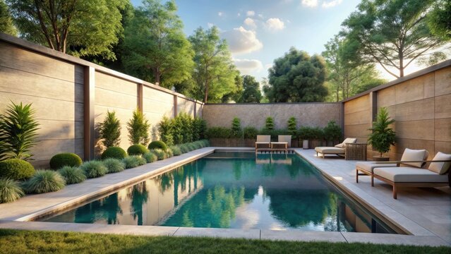 A serene oasis emerges a rectangular new swimming pool with tan concrete edges in the fenced backyards lush setting
