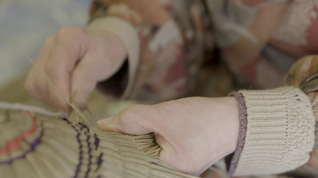 Hands Weaving Traditional Bon Odori Hat in Ugo Town Akita Prefecture J
