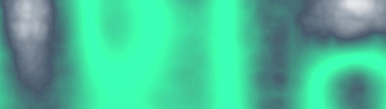 Abstract motion background with flowing turquoise emerald liquid waves and floating dark gray smoke clouds.