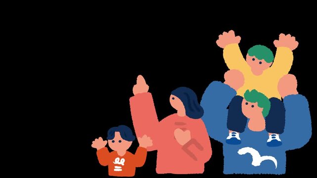 肩車をして喜ぶ家族の手描きアニメーション 応援 お祝い