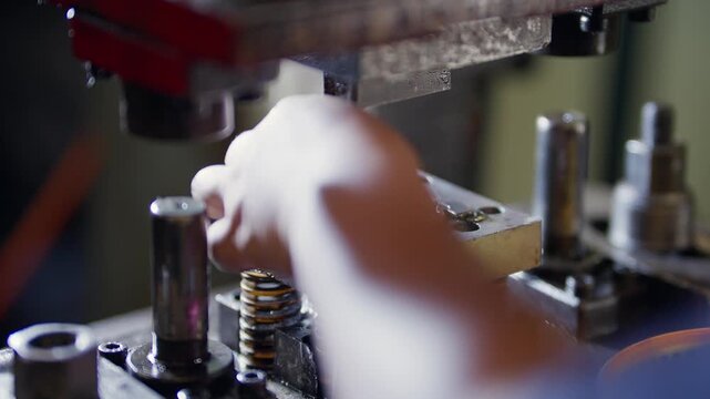 Worker adjusts metal mold with gloved hands. Machine hovers above coins ready for pressing. Tooling shows industrial precision in a factory. Scene captures manufacturing focus and craftsmanship