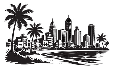 Fototapeta premium Miami Beach Skyline Silhouette Vector Urban Landscape Illustration