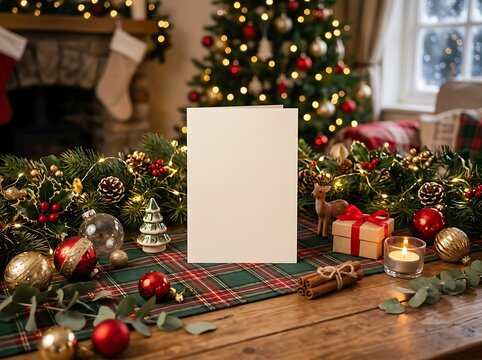 Empty vertical card mockup placed on decorated plaid table runner surrounded by christmas gifts candles and festive spruce branches.