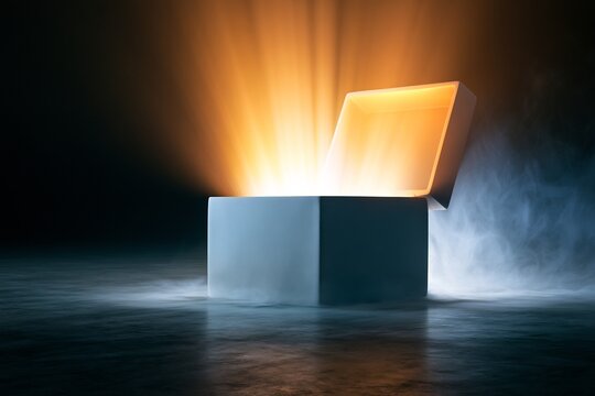 Mysterious open box radiating magical golden light in a dark smoky environment &ndash; surprise and wonder