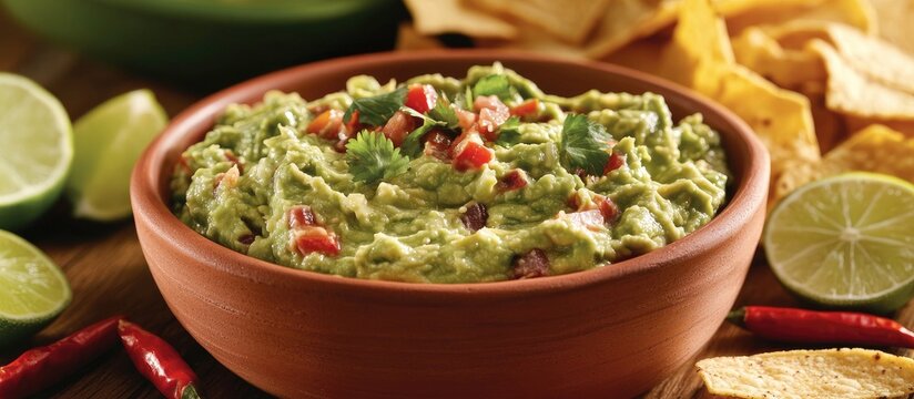 Fresh guacamole dip with tortilla chips and lime slices