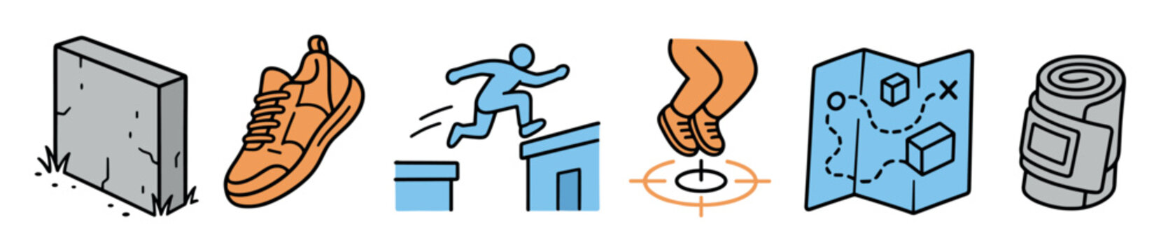 Parkour and freerunning vector icon set representing urban sports activities including running shoes, obstacle jumping, precision landing, route mapping, and protective bandages