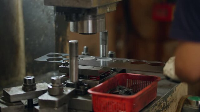 Worker adjusts metal mold with gloved hands. Machine hovers above coins ready for pressing. Tooling shows industrial precision in a factory. Scene captures manufacturing focus and craftsmanship