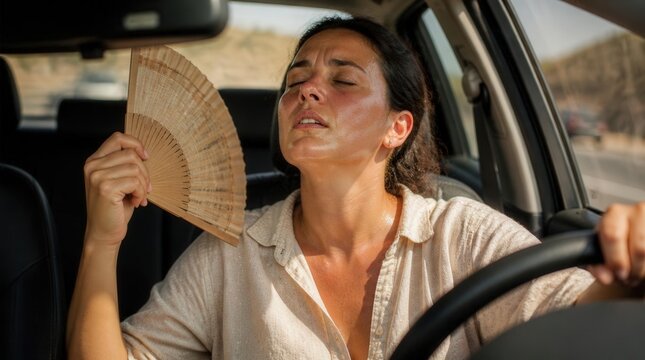A sweaty woman fanning herself inside a hot car during a heat wave.