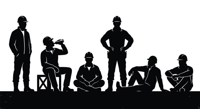 Construction workers taking a break resting and drinking water on site.