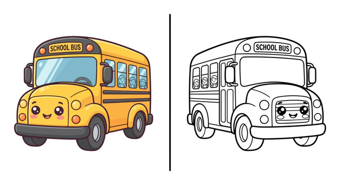 Cute kawaii school bus kids coloring worksheet vector