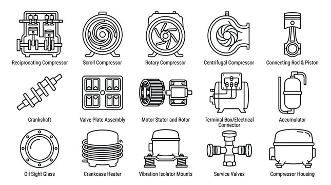 Industrial Compressor Parts - Schematic Line Art Collection