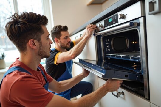 Two young men fitting a stylish, contemporary stove into a kitchen cabinet, captured from a distinctive side view