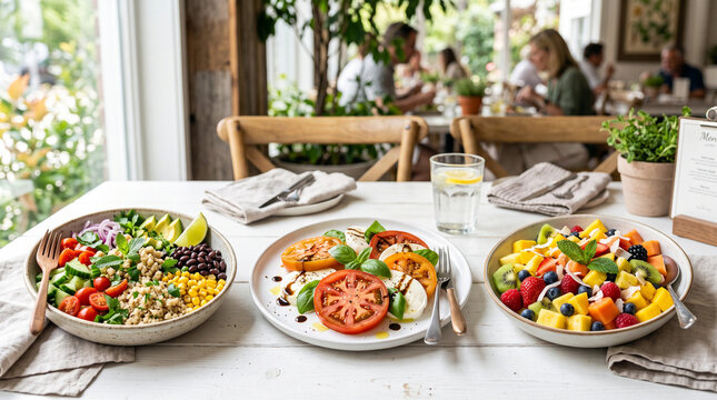 Healthy Fresh Food Bowls and Caprese Salad on a Table at a Restaurant