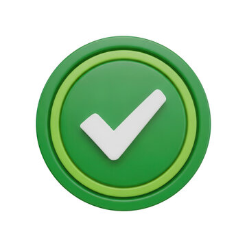 3D green check mark icon, glossy checkmark button for success and approval, realistic plastic tick symbol for web interface and apps