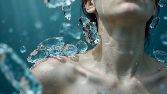 Close-up of a person's neck and face underwater with floating water bubbles