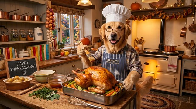 Golden Retriever Chef Preparing Thanksgiving Turkey in Cozy Rustic Kitchen