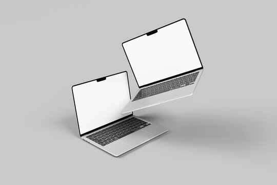 Perspective view of floating laptop computers mockup template for website display, 3D render.