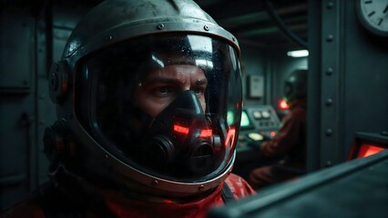 Fototapeta premium Pilot in cockpit wearing space helmet and suit inside aircraft or spacecraft control room