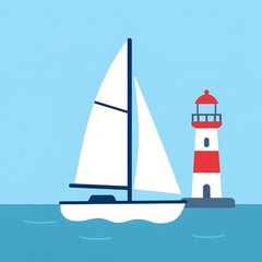 Naklejka premium Sailboat and lighthouse seaside illustration, flat travel and transport illustration