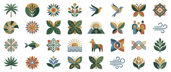 Fototapeta premium Geometric Nature Icon Set with Minimalist Floral and Wildlife Symbols in Earth Tones