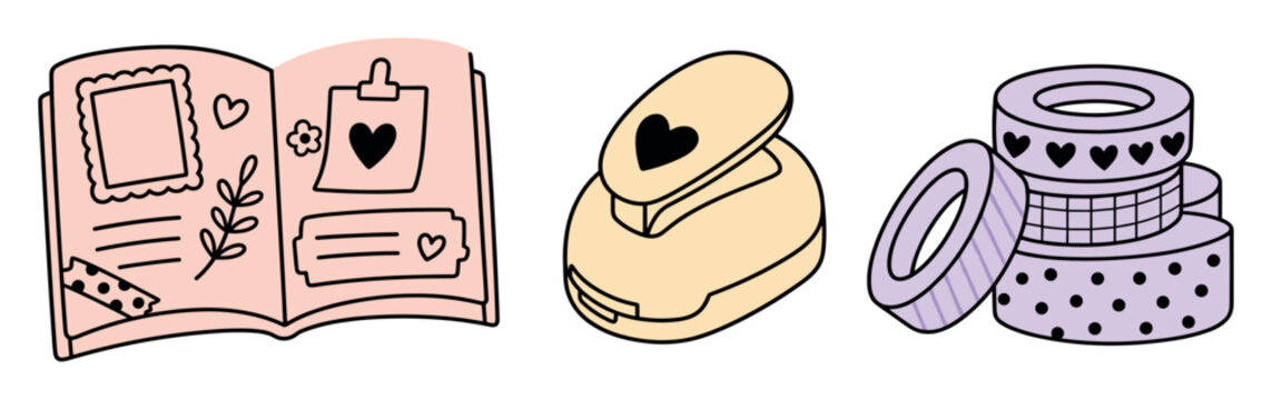 Scrapbook journal paper punch and washi tape set in a cute hand-drawn doodle style for crafting and memory keeping hobbies