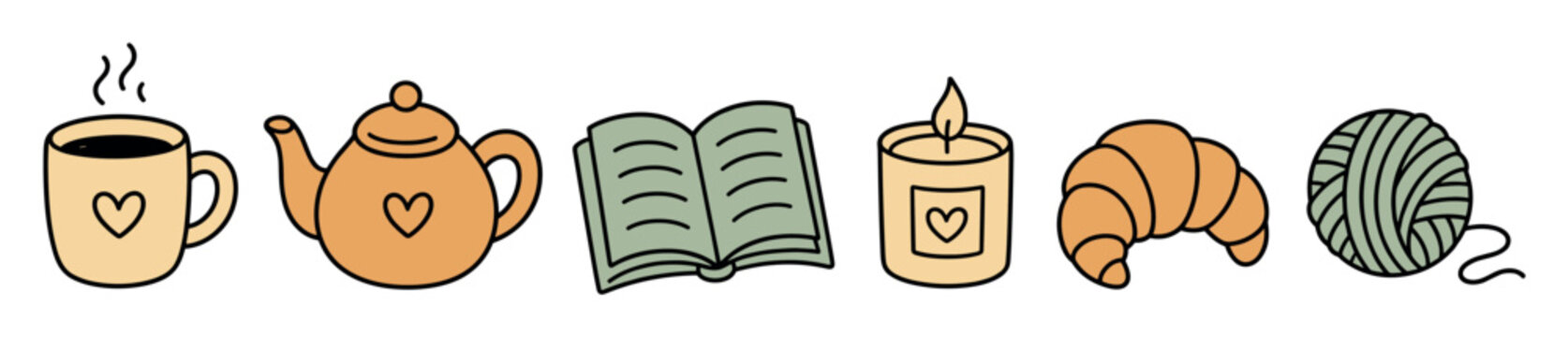 Cozy hygge elements including coffee mug, teapot, open book, burning candle, croissant, and ball of yarn in hand-drawn doodle style for autumn or winter relaxation